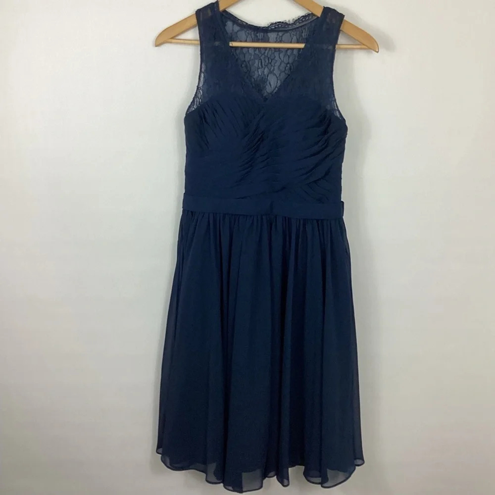 Azazie Pleated Lace Chiffon Dress Blue
